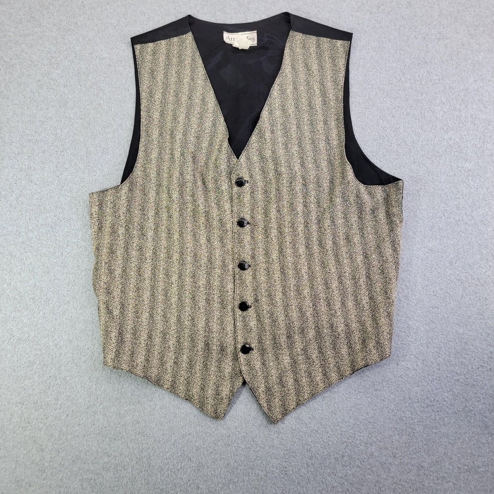 Attitudes Suit Vest Mens Large Gray Herringbone 3 Piece Rayon Acetate Belted USA
